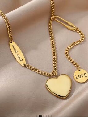 Gold Heart & Engraved Charm Necklace - Good Luck Love stainless steel waterproof